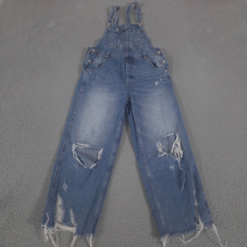 We The Free Overalls Womens 25 Blue Good Luck Barrel Distressed Denim Raw Hem‎
